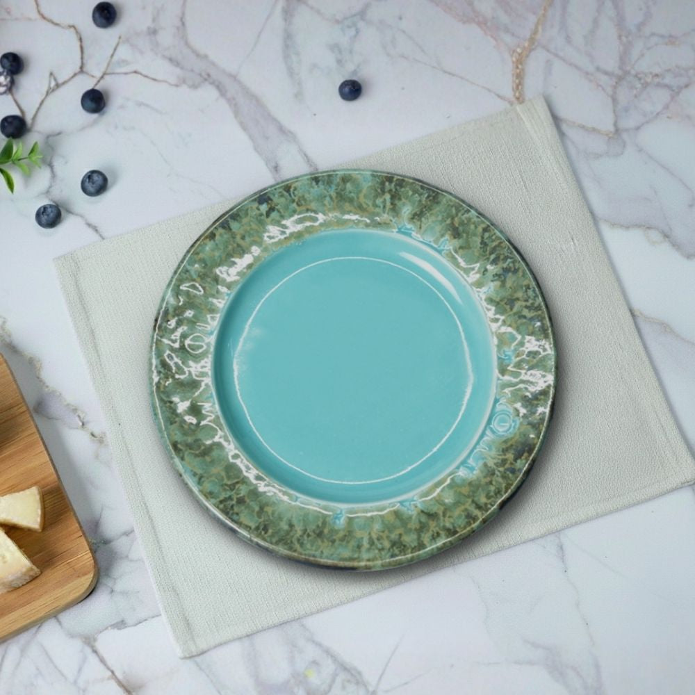 royal turquoise ceramic quarter plate set of 6 round plates with textured glazed rim for dining and serving